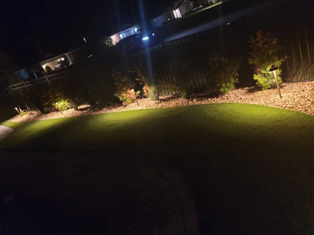 Artificial Grass-Turf and Stone Bed with Path Lighting