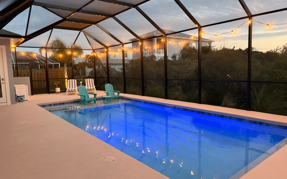 Daytime Illuminated Bistro/String Lights Around Pool Cage