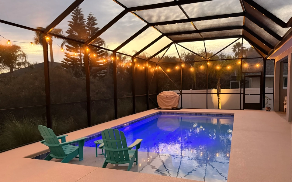 Daytime Illuminated Bistro/String Lights Around Pool Cage
