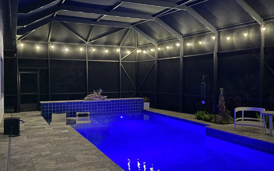 Night-Time Bistro/String Lighting Around Pool Cage