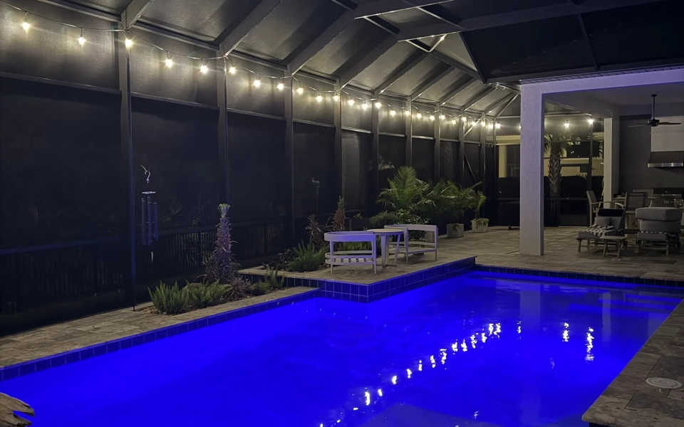 Night-Time Bistro/String Lighting Around Pool Cage