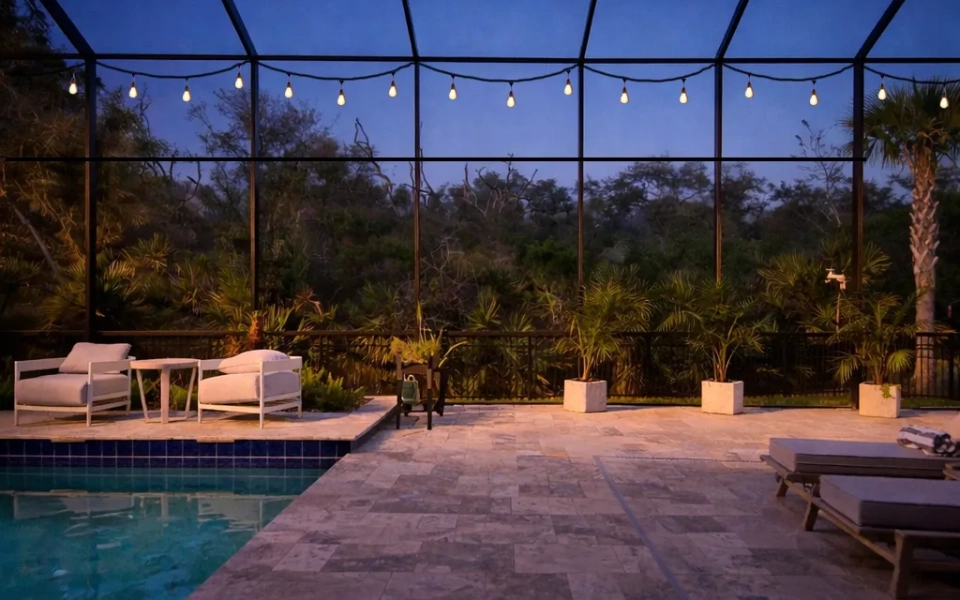 Bistro Lights Hung from Upper Horizontal Beam of Pool Cage